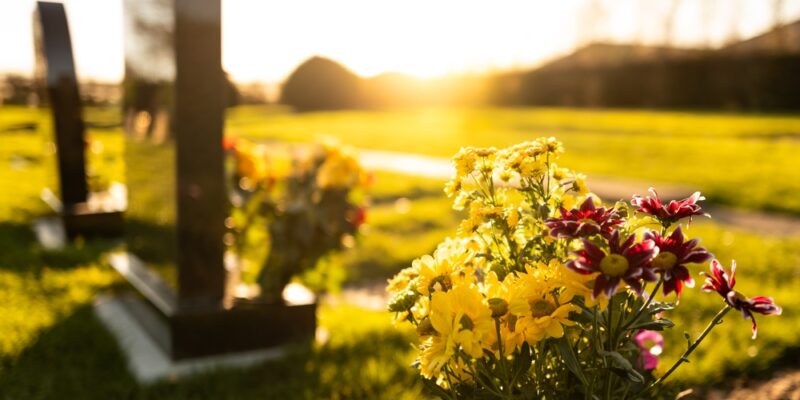 Dusk,At,A,Winter's,English,Cemetery,Seen,With,In-focus,Flowers